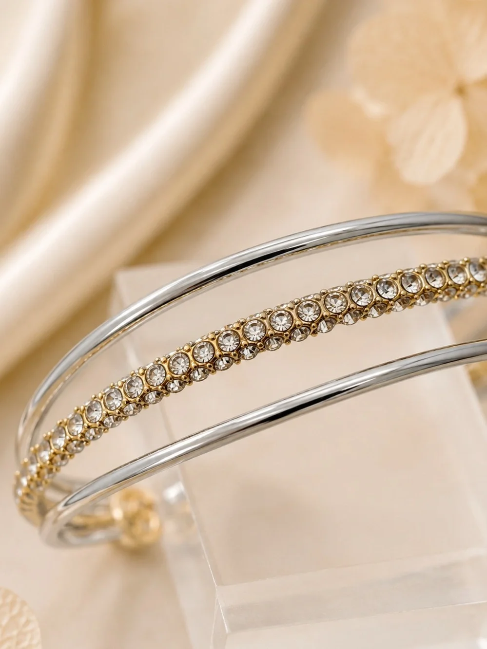 Tory Burch Crystal Logo Open Cuff Bracelet Two-Tone Gold Silver Tone